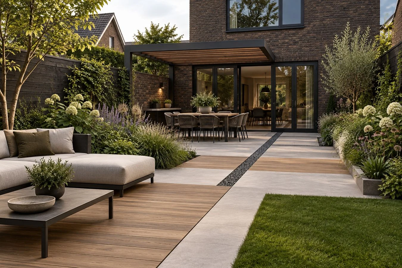 Inspiratie voor een groene tuin met terras, houten vlonder en warme buitenruimte